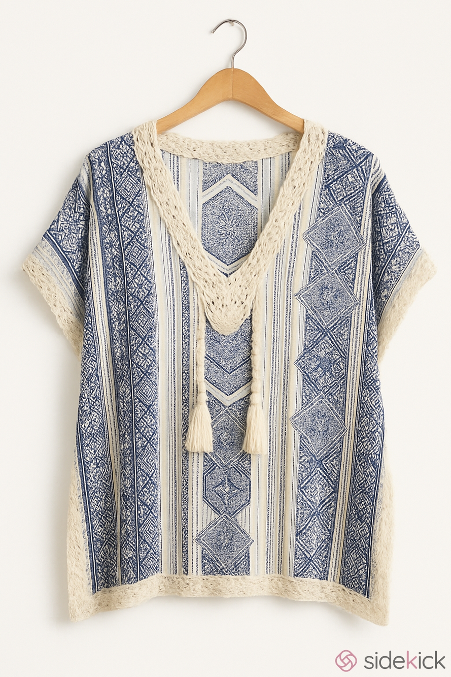 Chico's Navy & White Geometric Print Crochet-Trim Tassel V-Neck Tunic In Xl/L